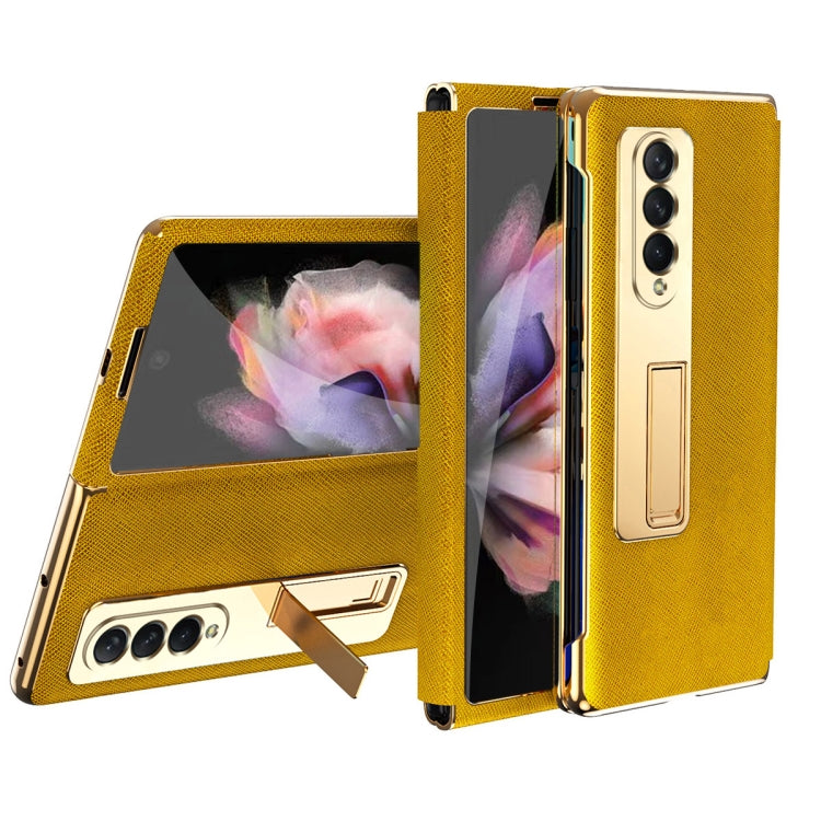 For Samsung Galaxy Z Fold4 Cross Texture Integrated Electroplating Hinge Flip Phone Case with Tempered Film