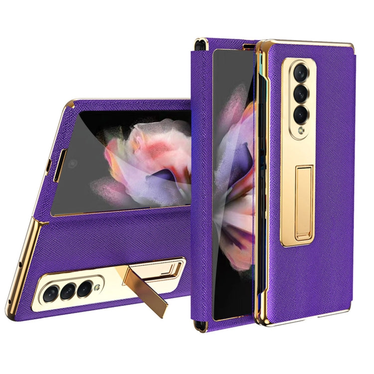 For Samsung Galaxy Z Fold4 Cross Texture Integrated Electroplating Hinge Flip Phone Case with Tempered Film