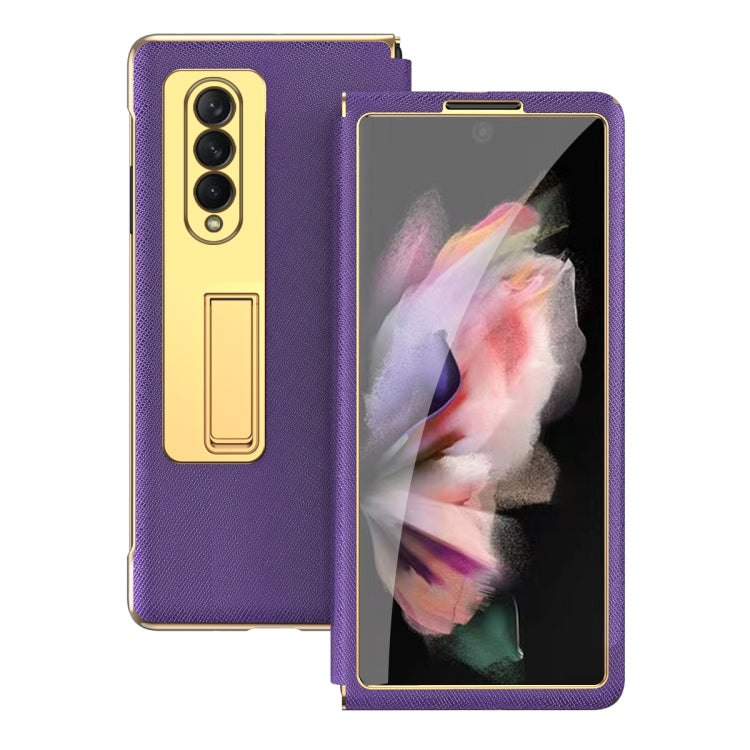 For Samsung Galaxy Z Fold4 Cross Texture Integrated Electroplating Hinge Flip Phone Case with Tempered Film