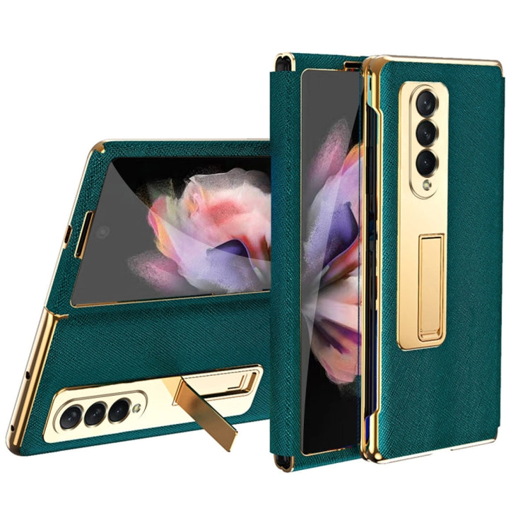 For Samsung Galaxy Z Fold4 Cross Texture Integrated Electroplating Hinge Flip Phone Case with Tempered Film