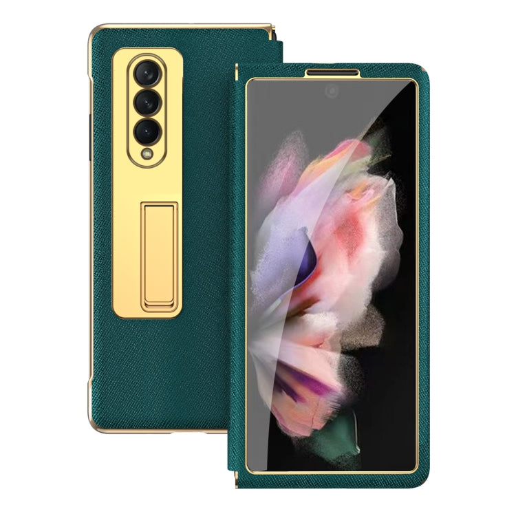 For Samsung Galaxy Z Fold4 Cross Texture Integrated Electroplating Hinge Flip Phone Case with Tempered Film