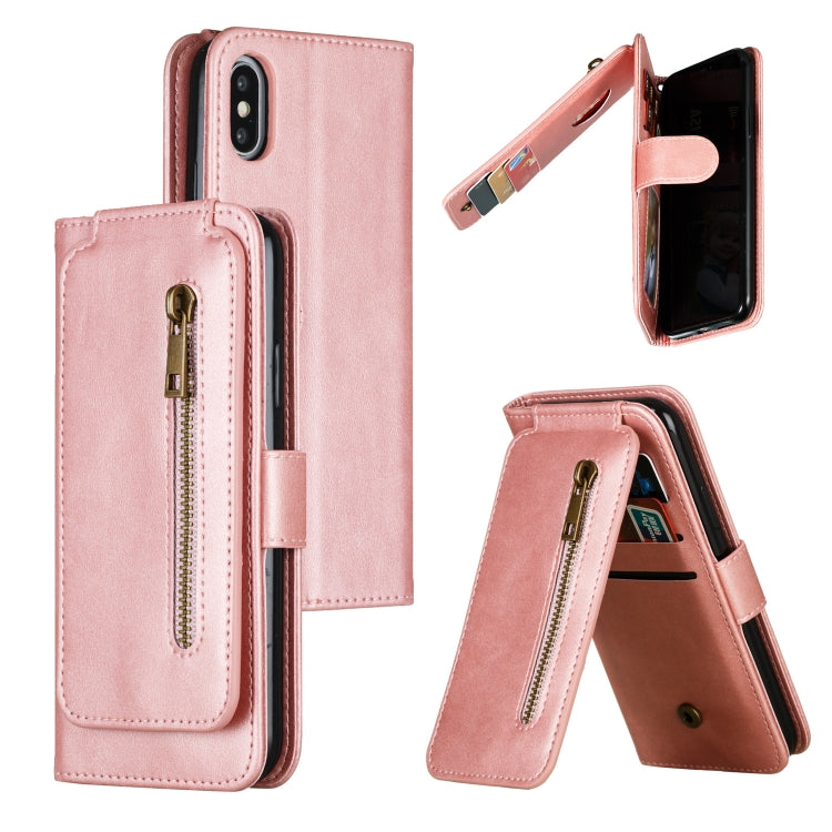For iPhone X / XS Nine Card Zipper Bag Horizontal Flip Leather Case With Holder & Card Slots & Frame