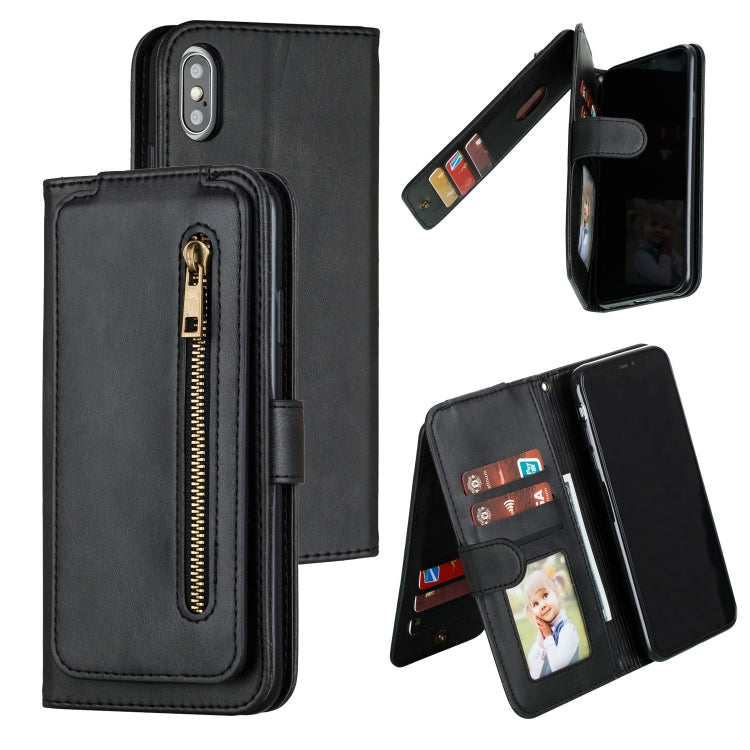 For iPhone XS Max Nine Card Zipper Bag Horizontal Flip Leather Case With Holder & Card Slots & Frame