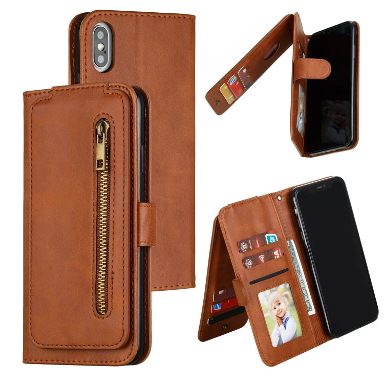 For iPhone XS Max Nine Card Zipper Bag Horizontal Flip Leather Case With Holder & Card Slots & Frame