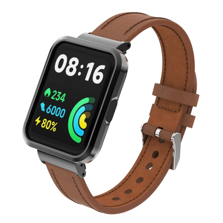For Xiaomi Mi Watch Lite / Redmi Watch Genuine Leather Metal Case Integrated Watch Band