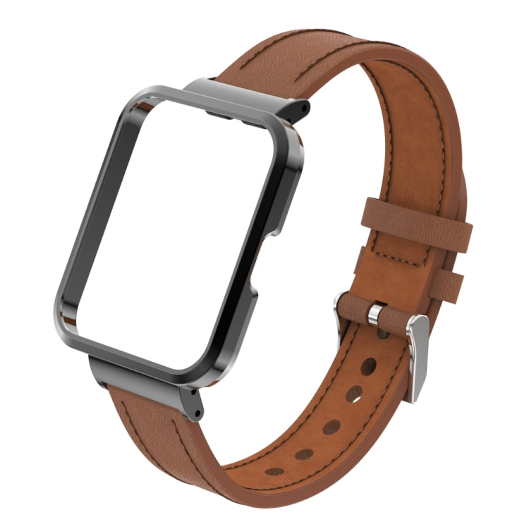 For Xiaomi Mi Watch Lite / Redmi Watch Genuine Leather Metal Case Integrated Watch Band