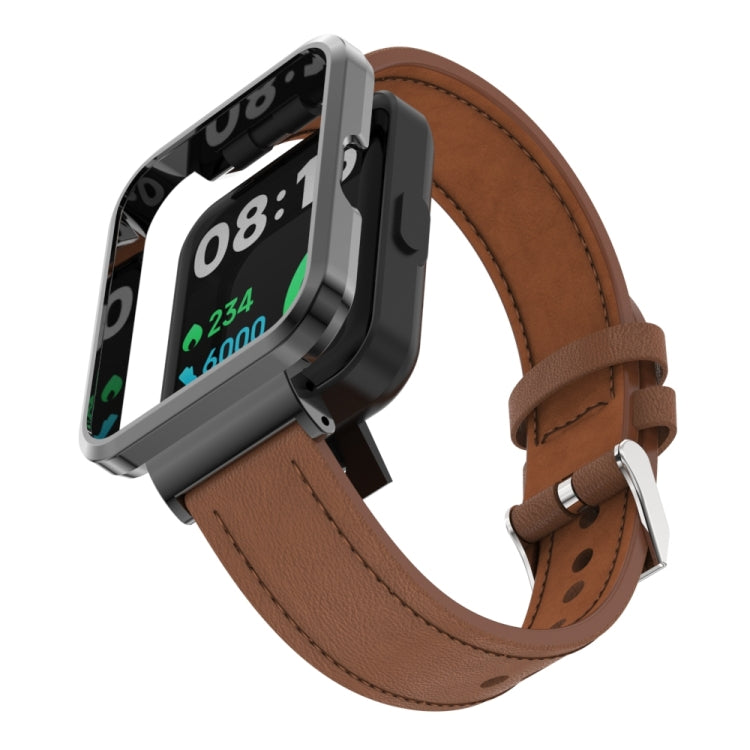 For Xiaomi Mi Watch Lite / Redmi Watch Genuine Leather Metal Case Integrated Watch Band