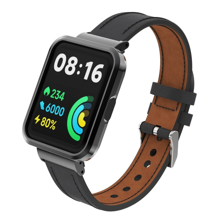 For Xiaomi Mi Watch Lite / Redmi Watch Genuine Leather Metal Case Integrated Watch Band