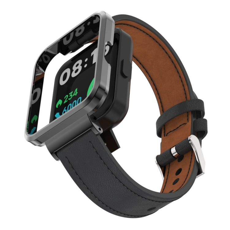 For Xiaomi Mi Watch Lite / Redmi Watch Genuine Leather Metal Case Integrated Watch Band