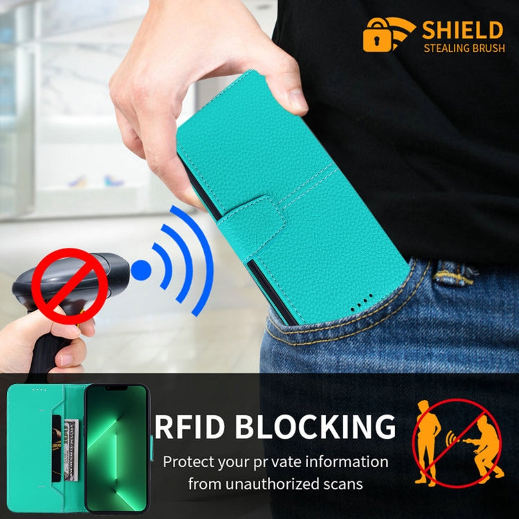 For iPhone 14 Litchi RFID Leather Phone Case