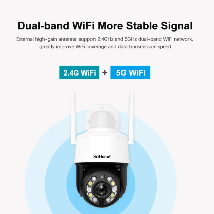 SriHome SH041 5.0MP 20X Optical Zoom 2.4G/5G WiFi IP66 Waterproof AI Auto Tracking H.265 Video Surveillance, Plug Type:US Plug(White)
