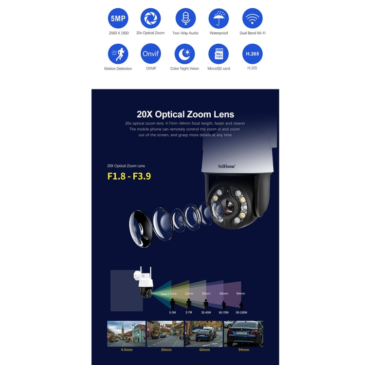SriHome SH041 5.0MP 20X Optical Zoom 2.4G/5G WiFi IP66Waterproof AI Auto Tracking H.265 Video Surveillance, Plug Type:EU Plug(White)