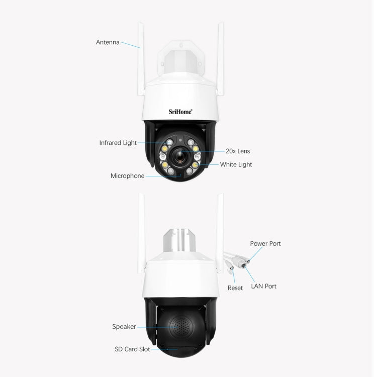 SriHome SH041 5.0MP 20X Optical Zoom 2.4G/5G WiFi IP66Waterproof AI Auto Tracking H.265 Video Surveillance, Plug Type:EU Plug(White)