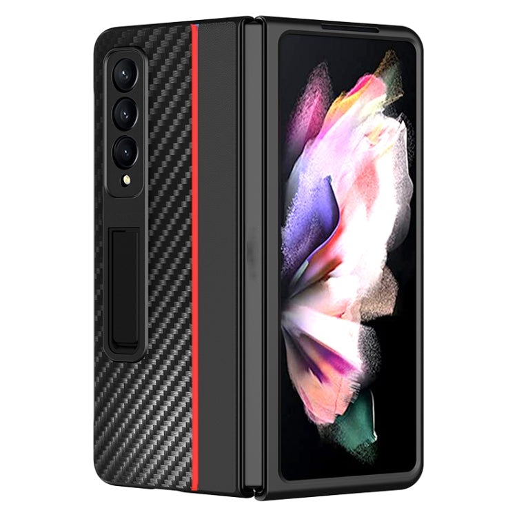 For Samsung Galaxy Z Fold4 Carbon Fiber Texture Shockproof Splicing Leather Case with Holder