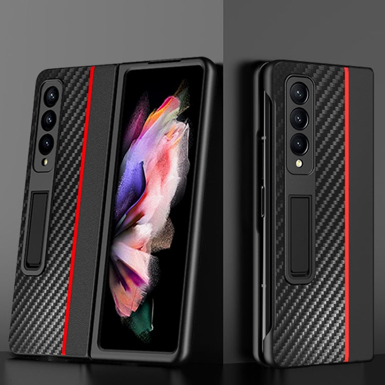 For Samsung Galaxy Z Fold4 Carbon Fiber Texture Shockproof Splicing Leather Case with Holder