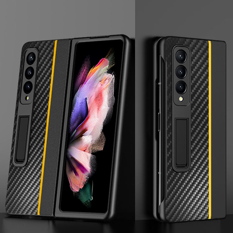 For Samsung Galaxy Z Fold4 Carbon Fiber Texture Shockproof Splicing Leather Case with Holder