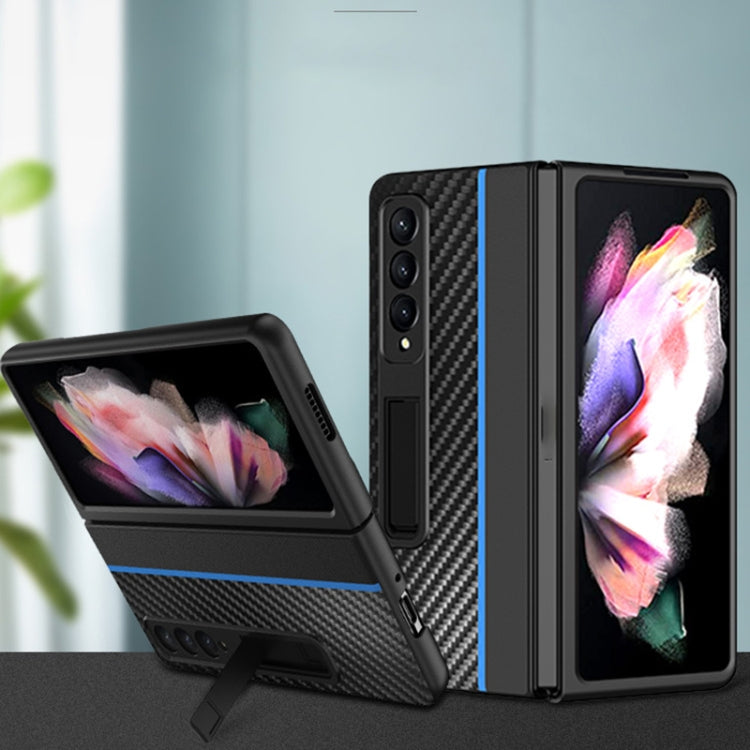 For Samsung Galaxy Z Fold4 Carbon Fiber Texture Shockproof Splicing Leather Case with Holder