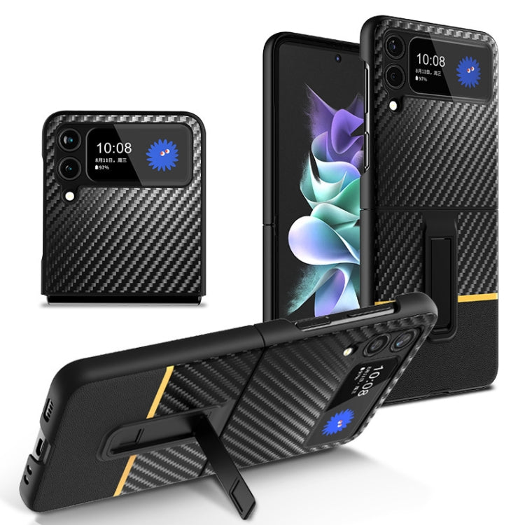 For Samsung Galaxy Z Flip4 Carbon Fiber Texture Shockproof Splicing Leather Case with Holder