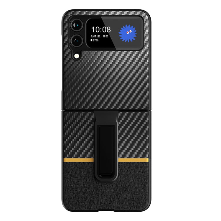 For Samsung Galaxy Z Flip4 Carbon Fiber Texture Shockproof Splicing Leather Case with Holder