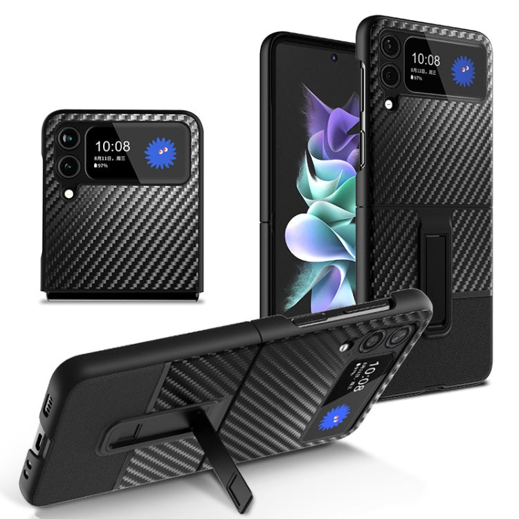 For Samsung Galaxy Z Flip4 Carbon Fiber Texture Shockproof Splicing Leather Case with Holder
