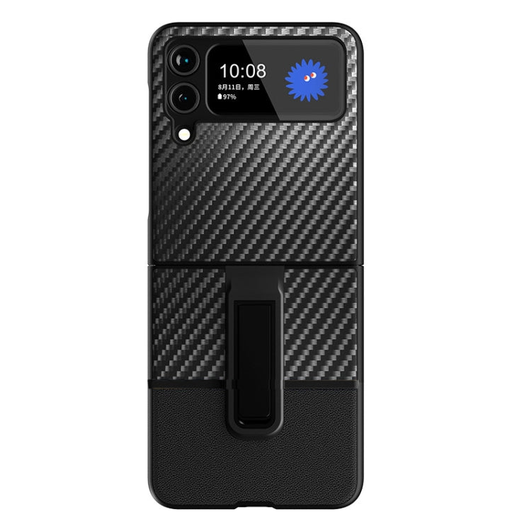 For Samsung Galaxy Z Flip4 Carbon Fiber Texture Shockproof Splicing Leather Case with Holder