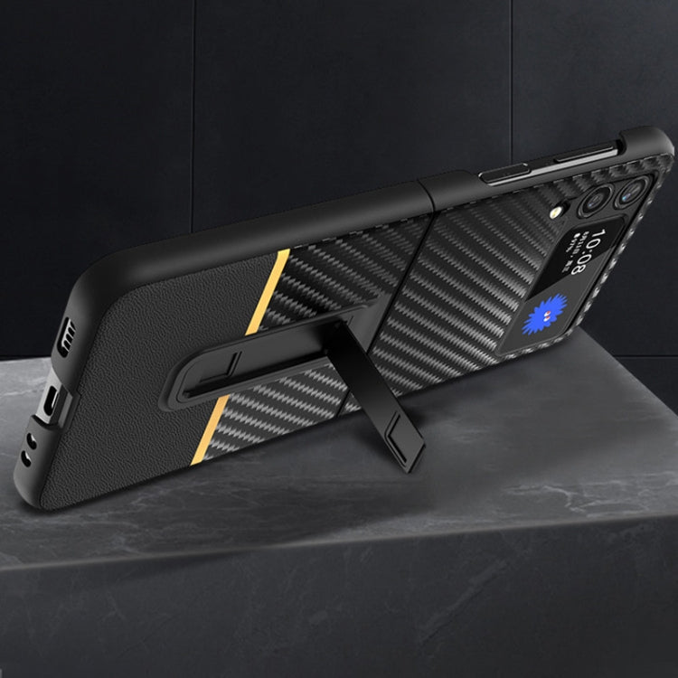 For Samsung Galaxy Z Flip4 Carbon Fiber Texture Shockproof Splicing Leather Case with Holder