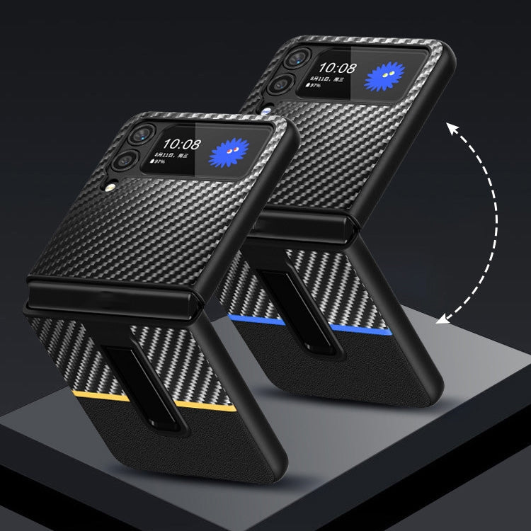 For Samsung Galaxy Z Flip4 Carbon Fiber Texture Shockproof Splicing Leather Case with Holder