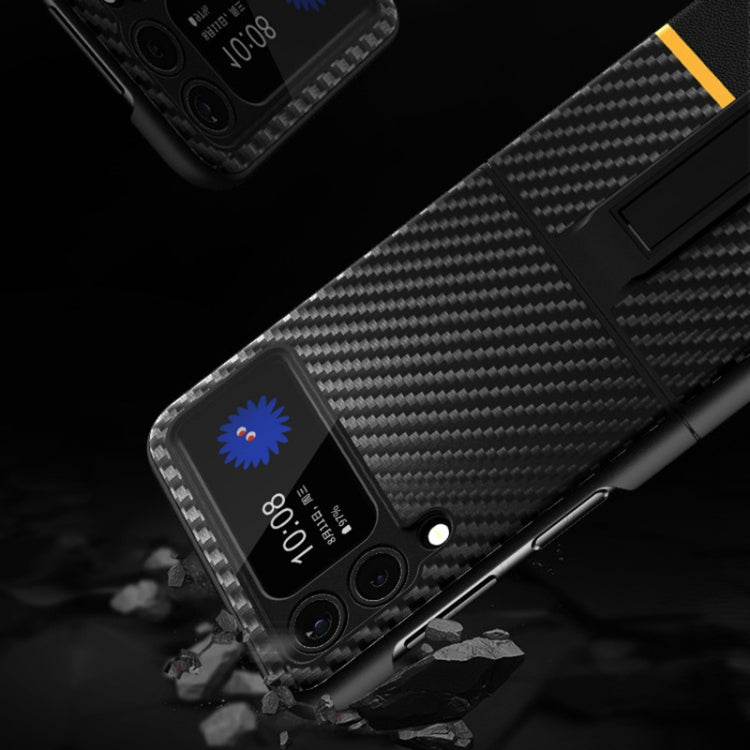 For Samsung Galaxy Z Flip4 Carbon Fiber Texture Shockproof Splicing Leather Case with Holder