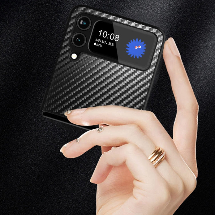 For Samsung Galaxy Z Flip4 Carbon Fiber Texture Shockproof Splicing Leather Case with Holder