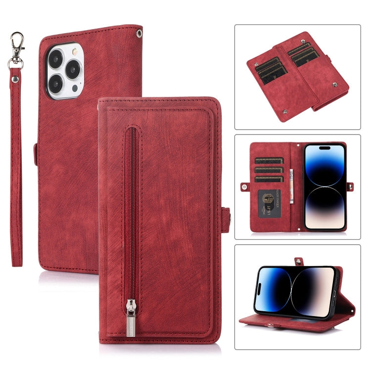 For iPhone 14 Pro Max Zipper Card Slot Buckle Wallet Leather Phone Case