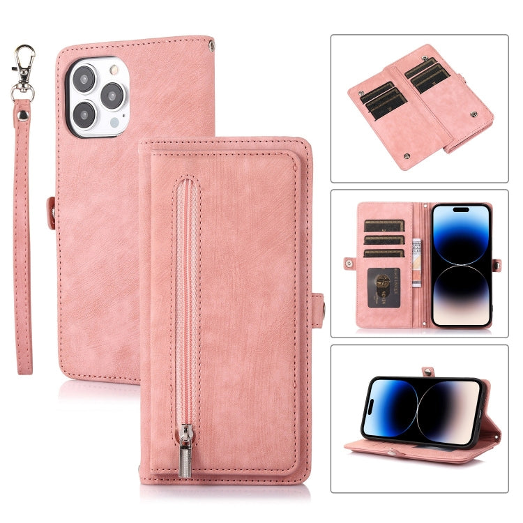 For iPhone 14 Pro Max Zipper Card Slot Buckle Wallet Leather Phone Case