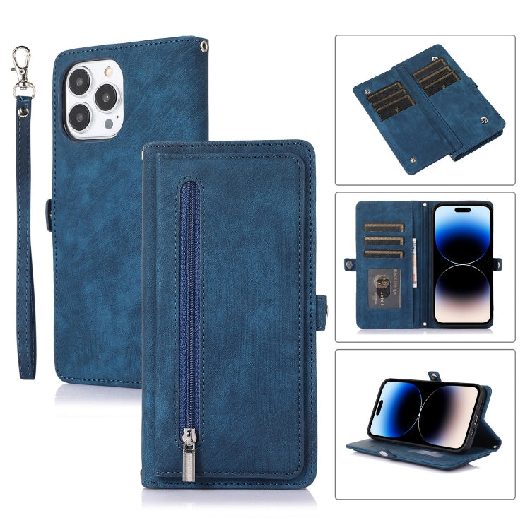 For iPhone 14 Pro Max Zipper Card Slot Buckle Wallet Leather Phone Case