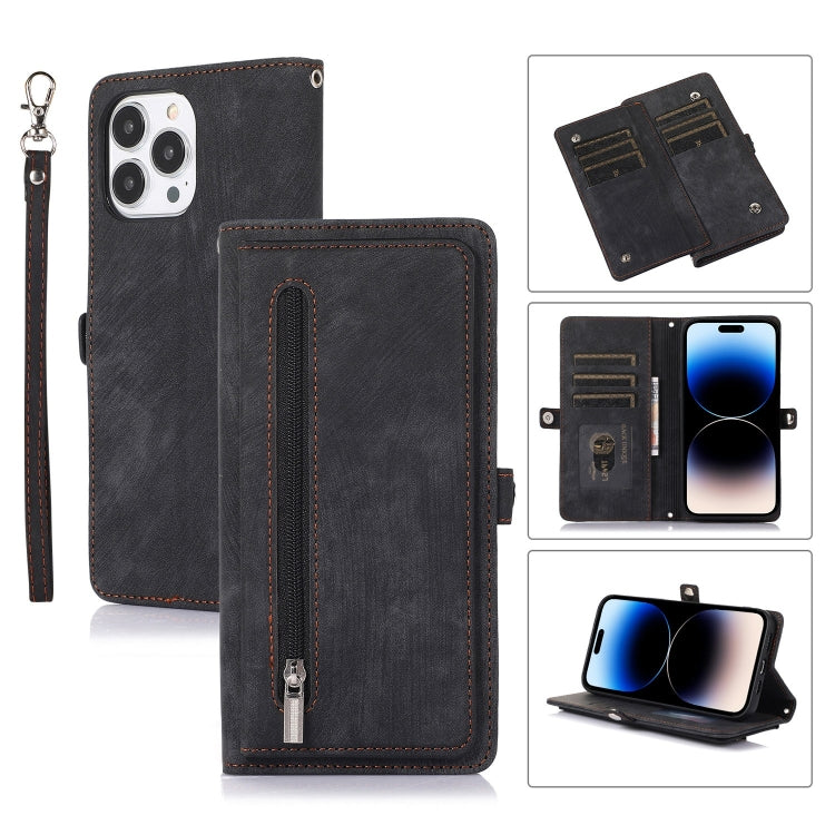 For iPhone 14 Pro Zipper Card Slot Buckle Wallet Leather Phone Case