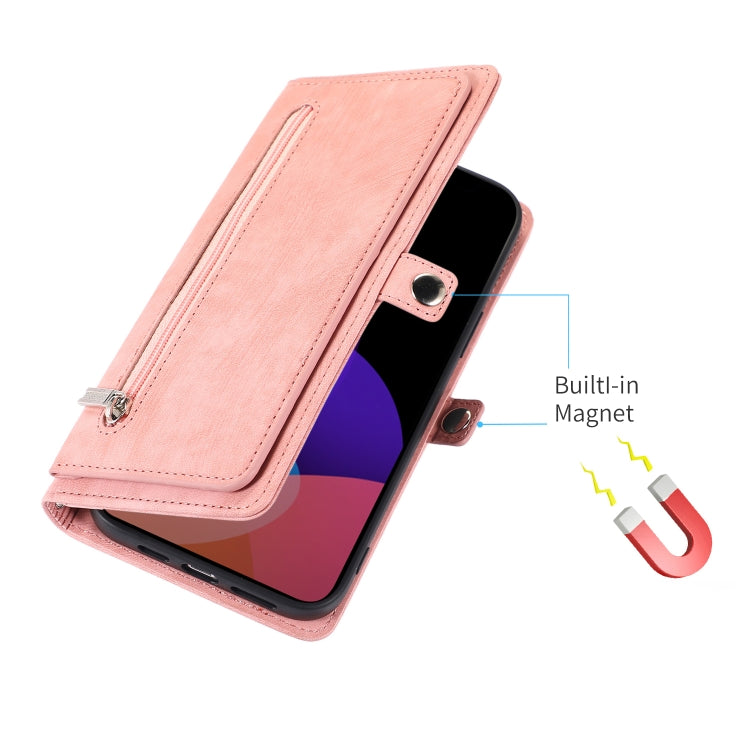 For iPhone 14 Plus Zipper Card Slot Buckle Wallet Leather Phone Case
