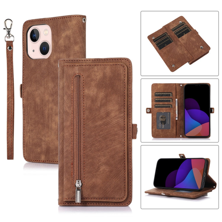 For iPhone 14 Plus Zipper Card Slot Buckle Wallet Leather Phone Case