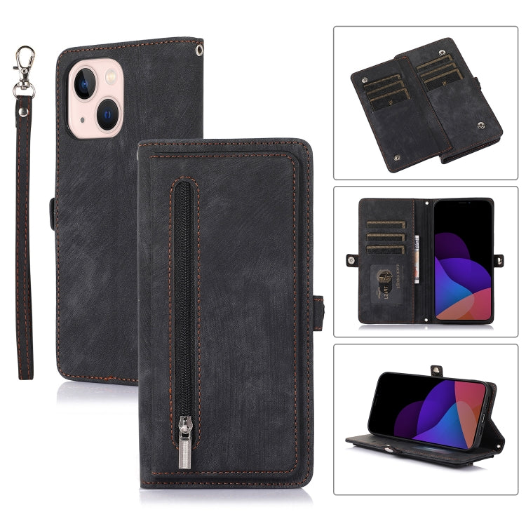 For iPhone 14 Plus Zipper Card Slot Buckle Wallet Leather Phone Case