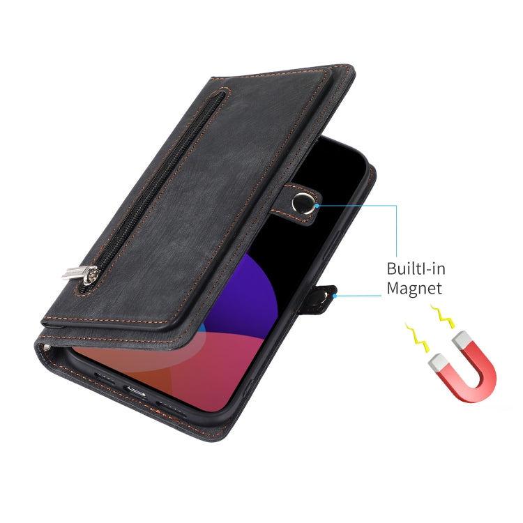 For iPhone 14 Plus Zipper Card Slot Buckle Wallet Leather Phone Case