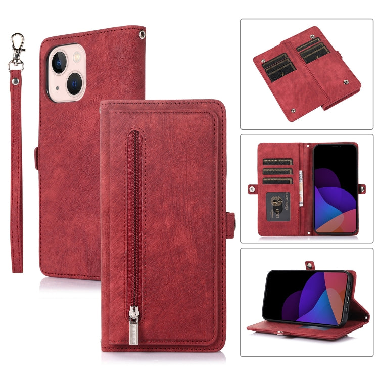 For iPhone 14 Zipper Card Slot Buckle Wallet Leather Phone Case