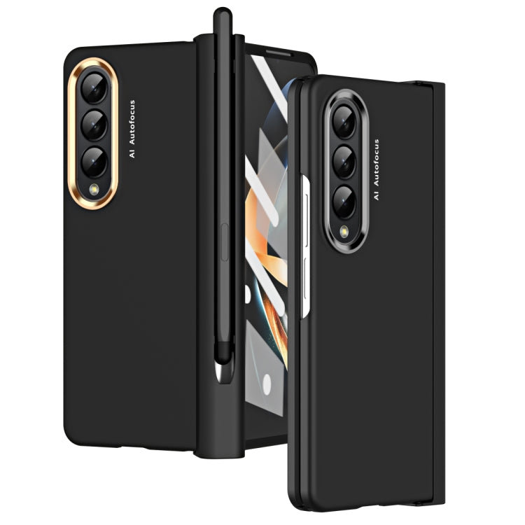 For Samsung Galaxy Z Fold4 Skin Feel Two-color Contact Lens Hinge Flip Phone Case with Pen Slot