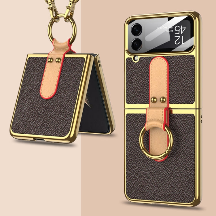 For Samsung Galaxy Z Flip4 GKK Plating + Leather Phone Case with Ring & Strap