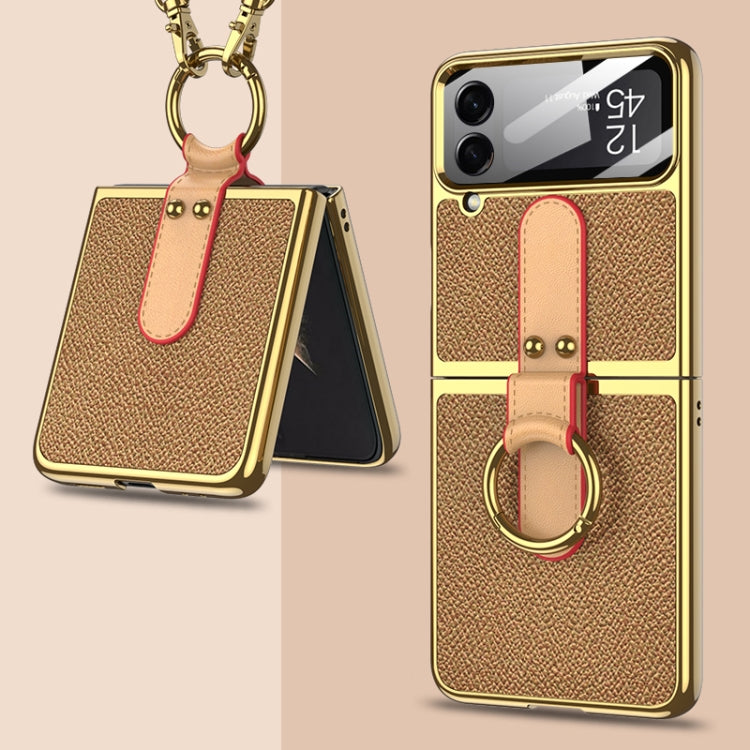 For Samsung Galaxy Z Flip4 GKK Plating + Leather Phone Case with Ring & Strap