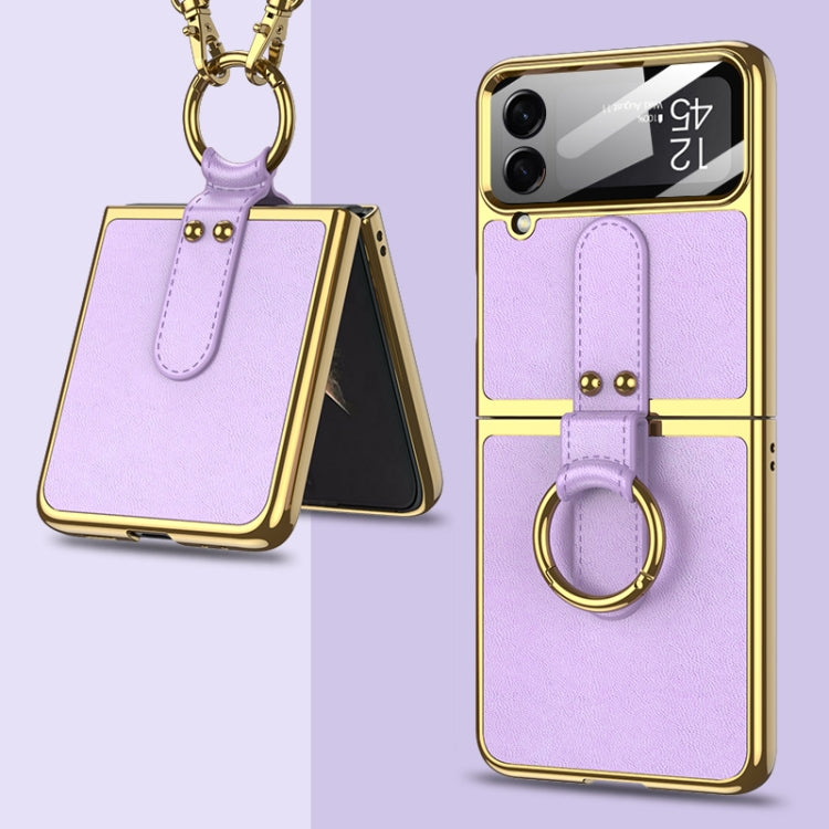 For Samsung Galaxy Z Flip4 GKK Plating + Leather Phone Case with Ring & Strap