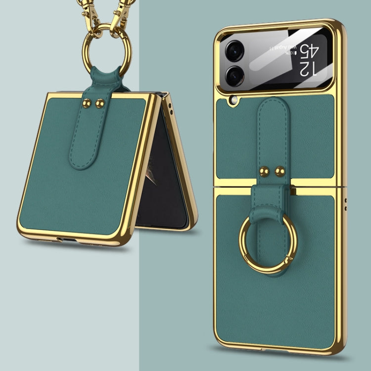 For Samsung Galaxy Z Flip4 GKK Plating + Leather Phone Case with Ring & Strap