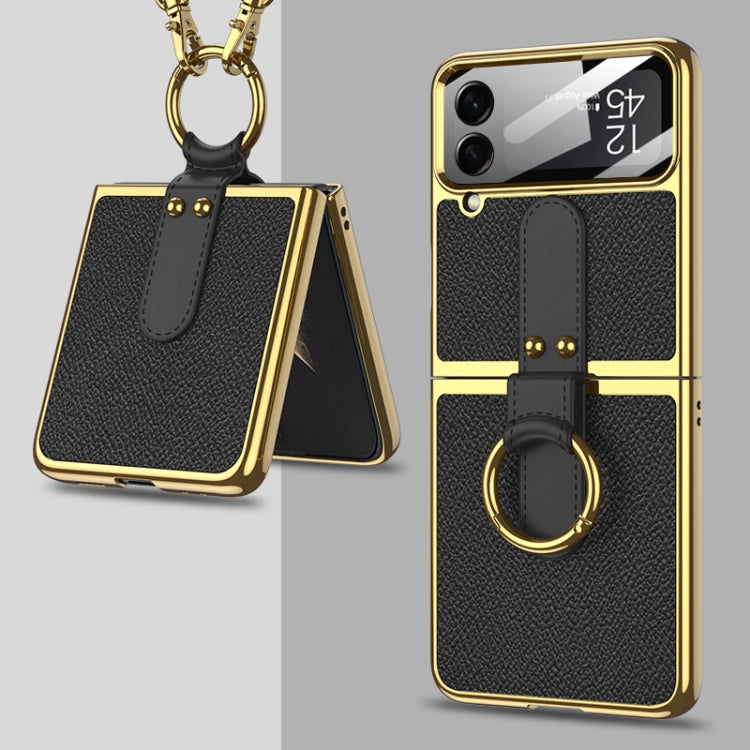 For Samsung Galaxy Z Flip4 GKK Plating + Leather Phone Case with Ring & Strap
