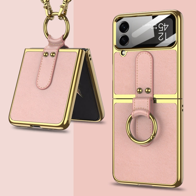 For Samsung Galaxy Z Flip4 GKK Plating + Leather Phone Case with Ring & Strap