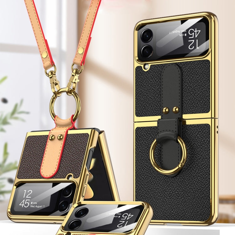 For Samsung Galaxy Z Flip4 GKK Plating + Leather Phone Case with Ring & Strap