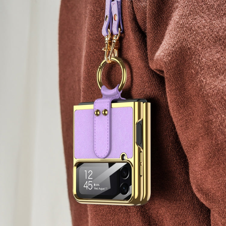 For Samsung Galaxy Z Flip4 GKK Plating + Leather Phone Case with Ring & Strap