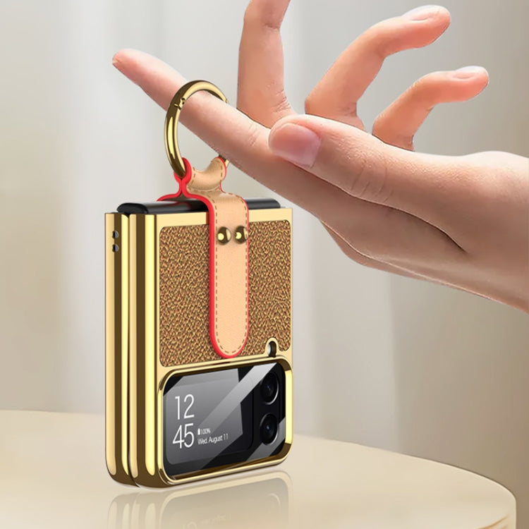 For Samsung Galaxy Z Flip4 GKK Plating + Leather Phone Case with Ring & Strap
