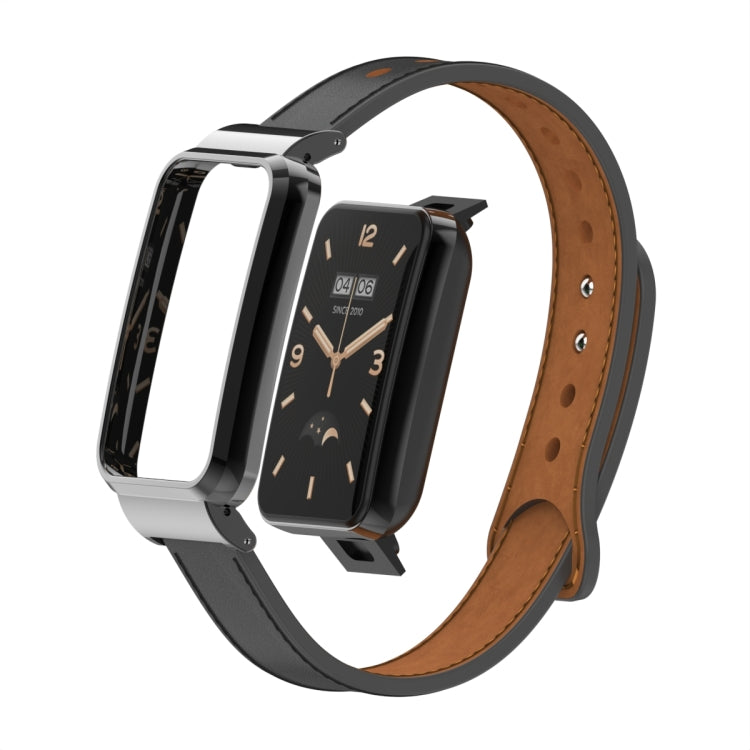 For Xiaomi Mi Band 7 Pro Double Stud Leather Metal Frame Watch Band