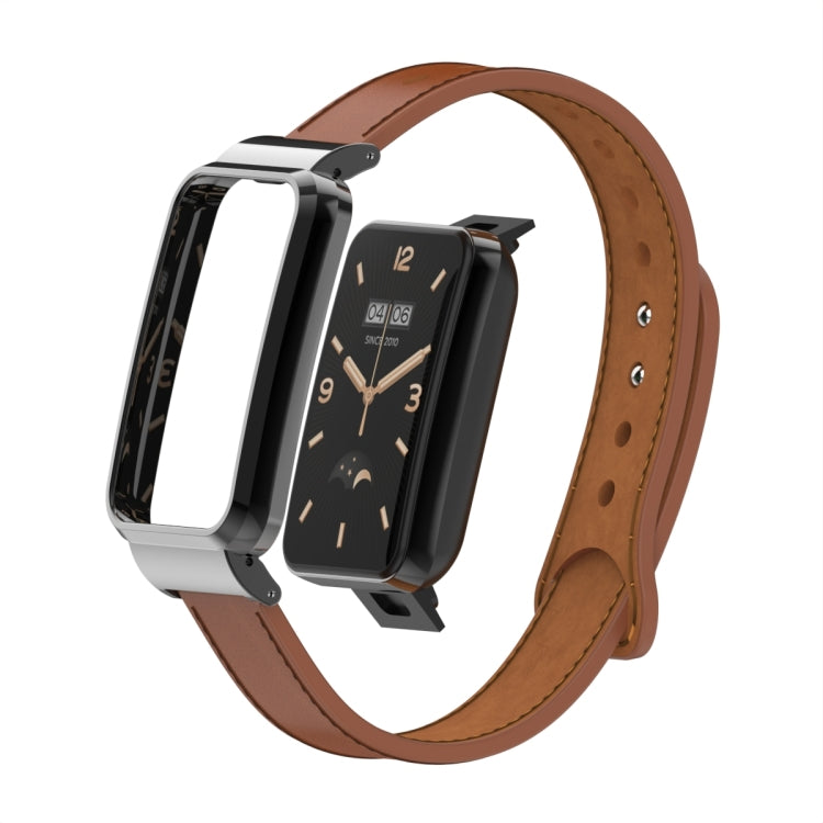 For Xiaomi Mi Band 7 Pro Double Stud Leather Metal Frame Watch Band